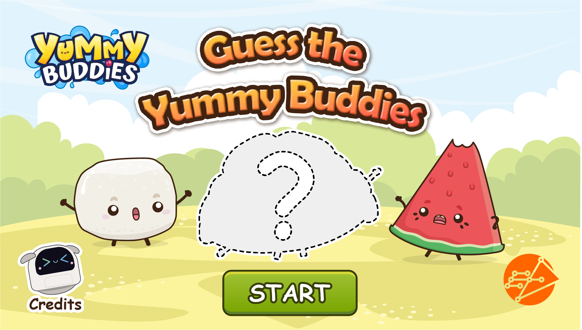 Title card for the "Guess the Yummy Buddies" game featuring Bouncy and Merry standing beside a mystery character silhouette above a green "START" button.